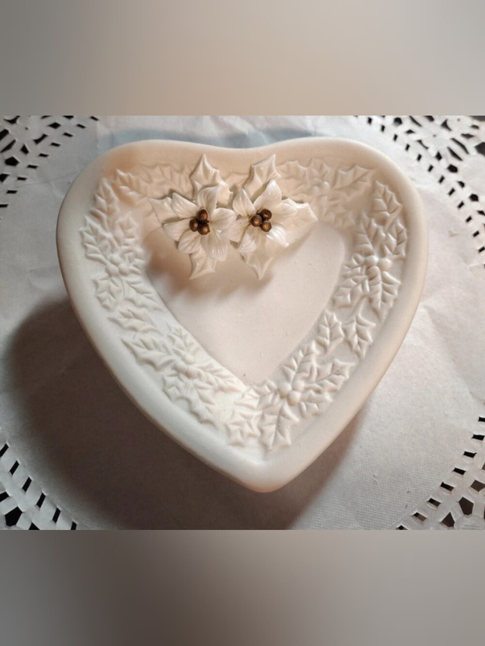 White Heart Decorative Dish with Poinsettia & Holly Floral Accent - Home Accents